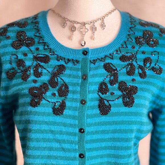 NWOT ONG Blue Striped Cashmere Beaded Cardigan Sleaze Academia Retro Size M - Picture 2 of 8